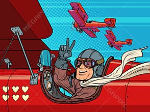 Pilot man in the plane of love. Valentines Day