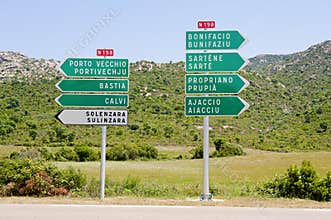 Directional signs to main cities in Corsica, Franc