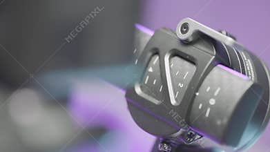 Moscow, Russia - December, 2020: Close-up of stabilizer parts for camera. Action. Details and mechanisms of steadicam