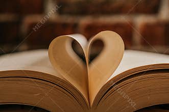 Opened book on a pile of old books.  Study education concept. Heart created from a sheet of a book. Library education