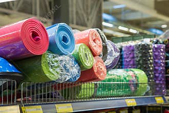 February 11, 2021 Balti Moldova supermarket, illustrative editorial. Fitness and yoga mats department