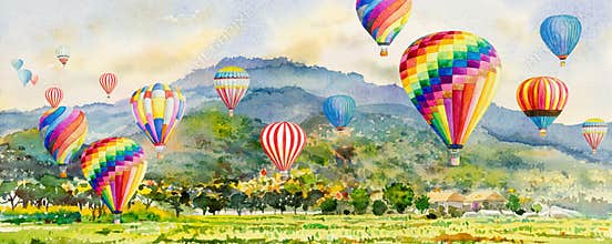 Watercolor landscape painting colorful of hot air balloon on village