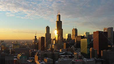Urban Cityscape of Chicago at Winter Sunset. Golden Hour. Aerial View. USA