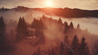 Horror fog sunset on mountain aerial. Red mist over spooky pine forest. Nobody sun nature landscape