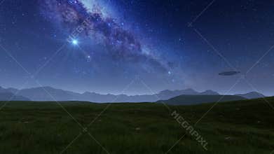 Alien UFO Hovering Above Mountain Against Milky Way, 4K
