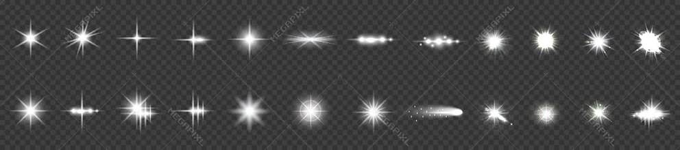 Set of bright beautiful stars. Optical lens glowing flashlight effect. Light effect, bright star, light flare. White sparkles