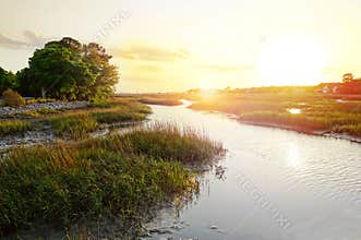 Sunset view along the marsh in the Low Country near Charleston SC