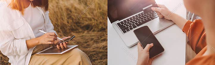 Agronomist woman farmer, business woman looks into a tablet in a wheat field. Modern technologists and gadgets in agriculture.