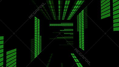 Green equalizer in a cube. 3D abstraction of a room from animated walls. Spinning hyper-perspective.