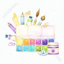 Square template with art supplies watercolor illustration on school paper sheet background , including items for kids craft