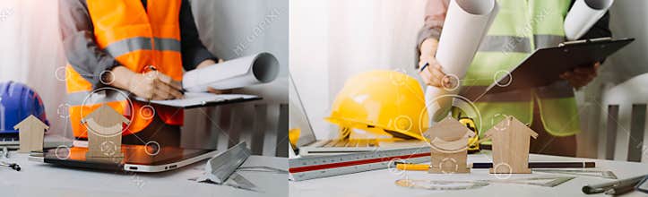 Engineers or architects is watching on model building and blueprint in working site. Construction and structure concept