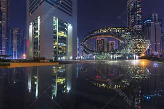 Dubai, UAE - 05.28.2021 Shot of a museum of future at night. Modern architecture