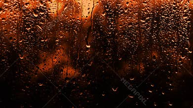 Rainy background in neon orange color, drops flow down the glass with warm tones of flowers, copy the space background.The texture