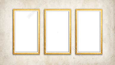 Three Thin vertical frame hanging in textured Vintage Wall. 3 Rectangular picture frames collection in texture background.