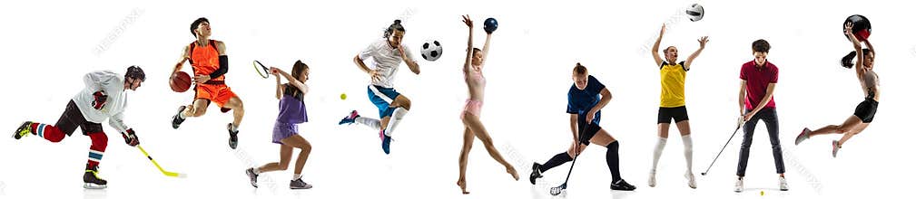 Sport collage. Tennis, soccer football, basketball players posing isolated on white studio background.