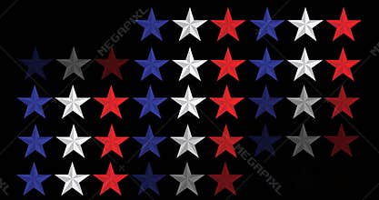 Animation of white, blue and red stars of american flag in rows on black background