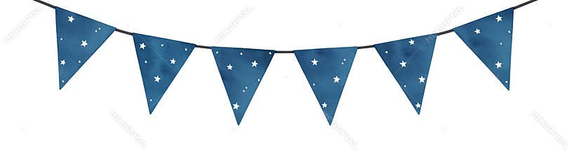 Navy blue triangular flags buntings decorated with stars.
