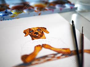 Dog head human playing board game fun leisure on table top hobby watercolor painting illustration design art cartoon character