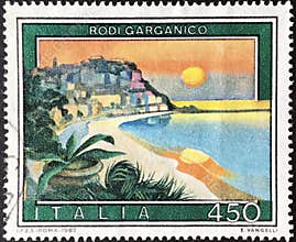 Italian used postage stamp from the tourist series depicting Rodi Garganico in Puglia