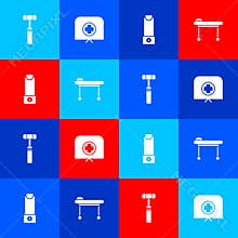 Set Neurology reflex hammer, Nurse hat with cross, Inhaler and Stretcher icon. Vector