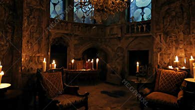 Dimly Lit Medieval Castle Room Adorned with Candles Featuring Antique Furniture and Stone Walls. Concept of medieval