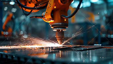 Industrial robotic arm using laser beam welding metal and producing sparks
