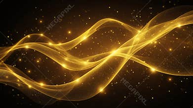 Golden wavy lines with sparkling particles flowing on black background