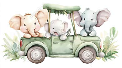 Three elephants are sitting in the back of a jeep, AI