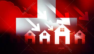 Switzerland housing crisis and real estate market going down arrows concept with red flag and graph, mortgage concept backdrop