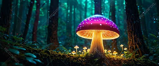 Glowing Mushroom in Enchanted Forest at Night