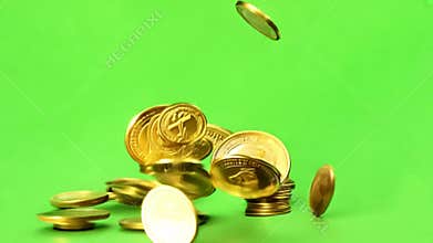 A close-up of a pile of gold coins. The coins are falling into the pile and creating a satisfying sound.
