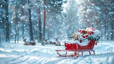 Christmas sleigh with gifts in a snowy forest surrounded by reindeer in a winter wonderland. Concept of holiday season