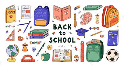 Big colourful doodle back to school set with kids school supplies. Hand drawn collection of schoolbag, textbook, globe