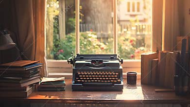 Vintage typewriter by sunny window adds nostalgic vibe to workspace