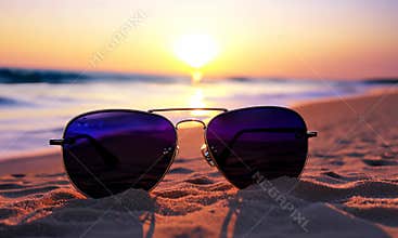 Sunglasses on Sandy Beach at Sunset