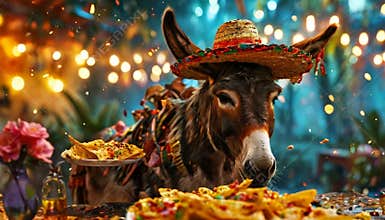 Donkey enjoying nachos at a festive outdoor party