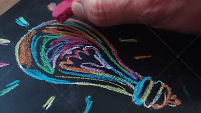 Close-up of drawing a colorful lightbulb. Creativity and bright ideas.
