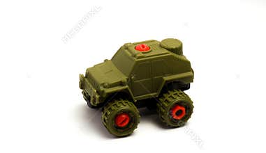 Plastic Toy Military Jeep Cars On White Background Isolated