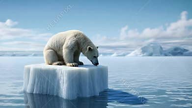 Polar bear sits on small ice floe, melting ocean. Global warming. Generative AI