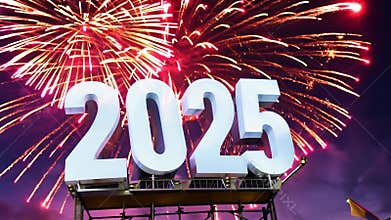 Fireworks exploding behind illuminated 2025 sign for new year's eve celebration