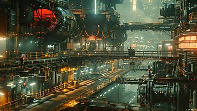 A dystopian cityscape with elevated train tracks and industrial automation in a futuristic setting, A dystopian scene depicting