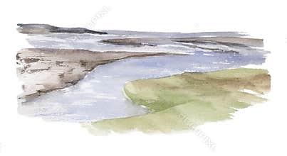 Scenery landscape ground, lake pool river stream water, estuary pasture prairie grassy land, hand drawn in watercolor