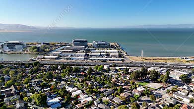 Aerial view of Meta Reality Labs in Burlingame, California, with San Francisco city and SFO Airport in the background along the