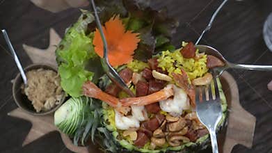 Pineapple shrimp fried rice fruit bowl Thailand Thai food tropical exotic menu