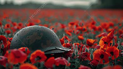 A military helmet rests among vibrant red poppies on a solemn remembrance day