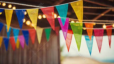 Colorful triangle bunting flags hanging on string lights creating festive background