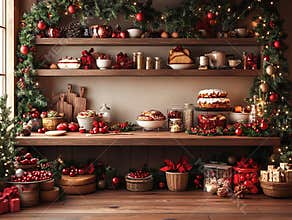 Central empty 3D podium surrounded by Christmas recipe books and cooking supplies, traditional holiday dishes. Cozy