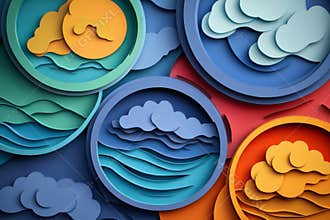 Set of four circular paper-cut landscape illustrations with vibrant colors and minimalistic designs