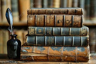 Vintage library old books, quill pen, inkwell symbolizing knowledge and history in retro style