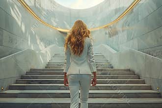 Successful young businesswoman ascending stairs as a metaphor for career progression and achievement